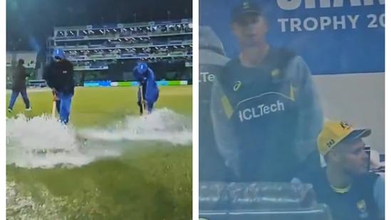 Pakistani groundstaff slips and falls while attempting to mop water from covers during AUS vs AFG match, leaving Australia players puzzled